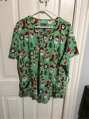2X Buttersoft Scrubs Green Christmas Top